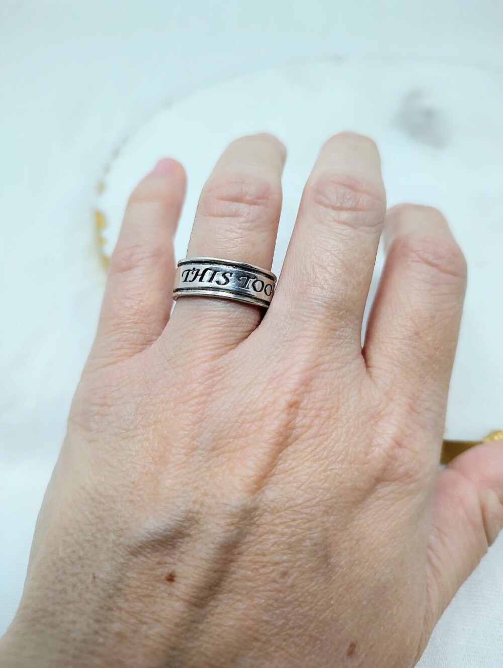 Size 8 Silver Ring With Inspirational Inscription "This Too Shall Pass"